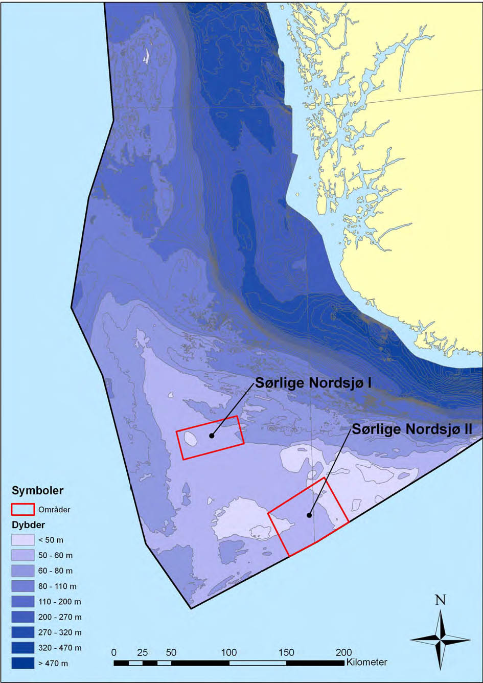 Undersøkelsesområdet for prosjektet var i de sørligste og grunneste delene av norsk Nordsjø. Illustrasjon hentet fra Glørstad og Kvalø 2012: http://www.marmuseum.no/no/arkeologi/forskningsprosjekter/. Copyright Norsk maritimt museum. 