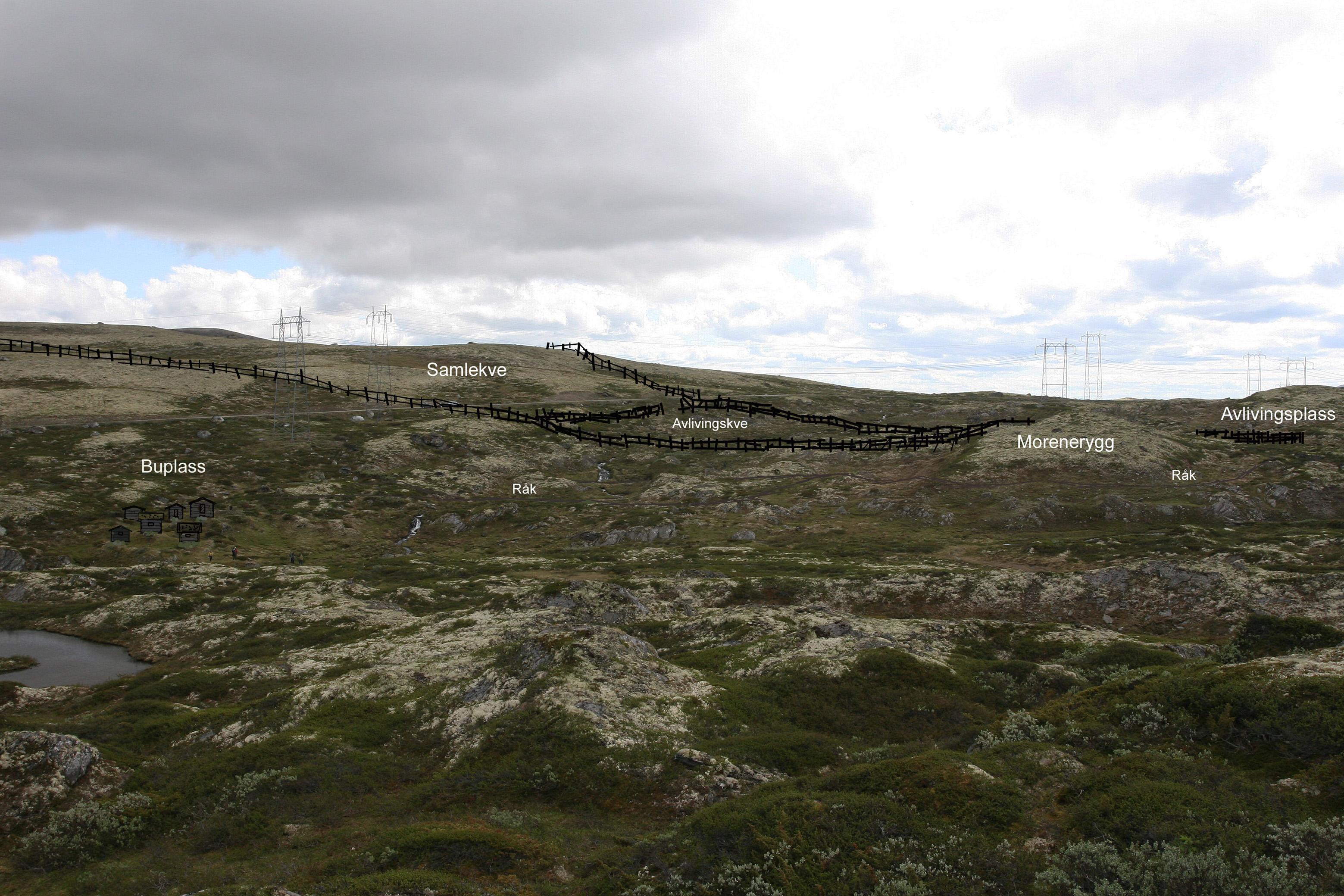 Rekonstruksjon av den framre delen av fangstanlegget på Verket, sett mot søraust, med buplassen til venstre. Foto og fotomontasje: Per Jordhøy©.