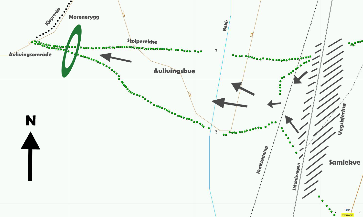 Skjematisk oversyn over avlivingskvea med utforming og viktige funksjonselement. Kart: NVS/Per Jordhøy©.