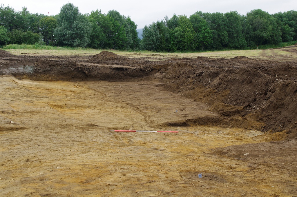De forhistoriske dyrkningslagene p&aring; Sjetnan er tydeligst i skr&aring;ningen mellom &oslash;vre og nedre flate, og ses p&aring; dette bildet som et m&oslash;rkebrunt jordlag bak stikkstanga. Foto: Marte Mokkelbost, NTNU Vitenskapsmuseet. 